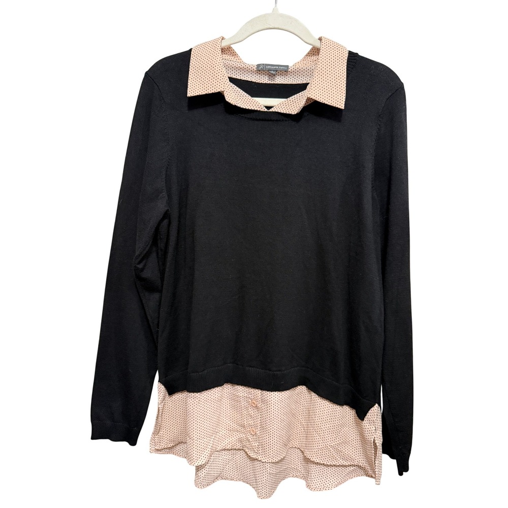 Adrianna Papell Womens Black Layered Look Polka Dot Sweater Top Large AD1S300211